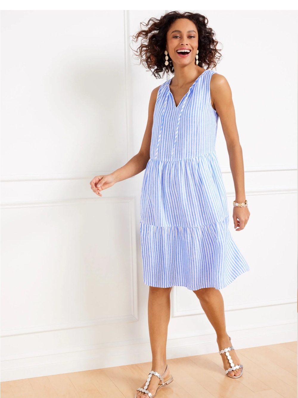 Talbots Blue and White Striped Sleeveless Tiered Dress